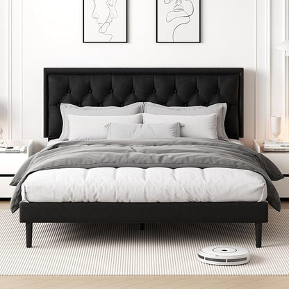King Size Platform Bed Frame with Upholstered Velvet Button Tufted Headboard, Mattress Foundation with Wooden Slat Support, No Box Spring Needed, Easy Assembly, Noise Free, Black.