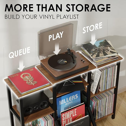 REVOLV Tall Record Player Stand with Vinyl Storage - Vinyl Record Stand with 3 Tier Shelf, Front Pouches - Versatile Music Table Cabinet for Books, Rustic Console Turntable Furniture for 300+ Records