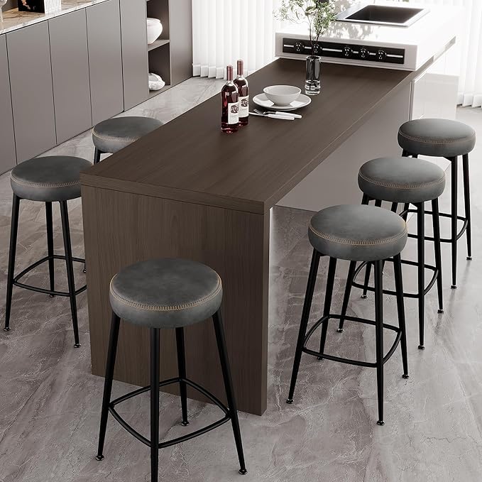 Counter Height Bar Stools, 26" H Backless Bar Stools Set of 6, Upholstered Faux Leather Kitchen Counter Stools, Mid Century Modern, Kitchen Island Home Bar, Pub, Black Grey