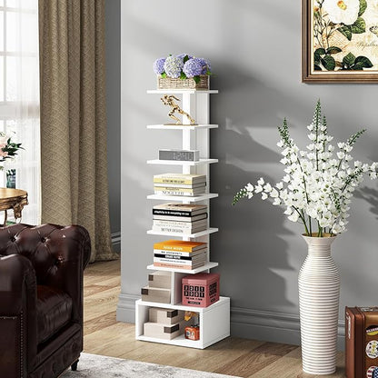 TUTOTAK Narrow Bookshelf, Vertical 8-Tier Bookcase, Spine Book Shelf for Small Space, Small Standing Shelf for Living Room, Office, Study, Entryway, White BS07BW008