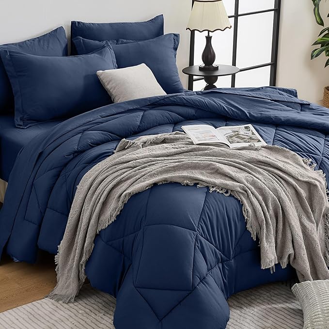 HEVUMYI Navy Blue Twin-XL Comforter Set - 5-Piece All Season Bed in a Bag Twin-XL, Ultra Soft Bedding Set with Comforter, Flat Sheet, Fitted Sheet, Pillowcases, Pillow Shams, Navy Blue