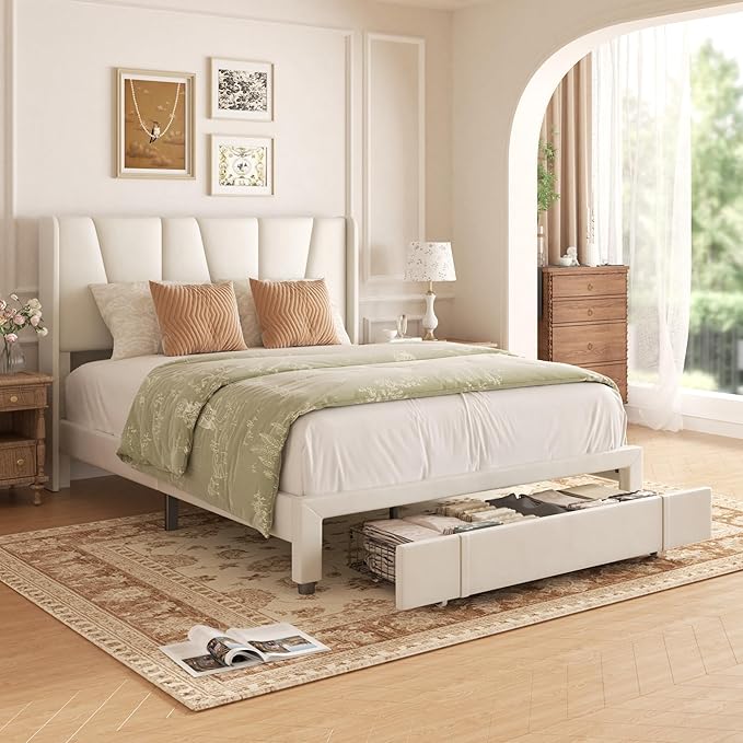Full Bed Frame with Storage Drawers, Upholstered Platform Bed with Headboard and Wingboard, No Box Spring Needed, Noise Free, Easy Assembly, Wooden Support Slats, Beige