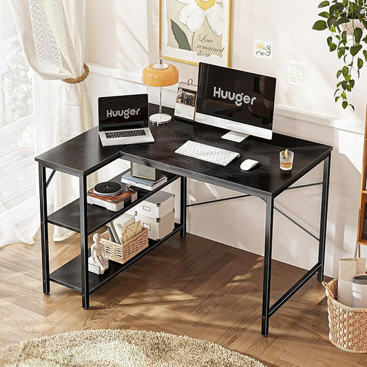 Huuger L Shaped Desk, 39 Inches Computer Desk with Reversible Storage Shelves, Gaming Desk, for Corner Home Office Writing Study, Metal Frame, Black