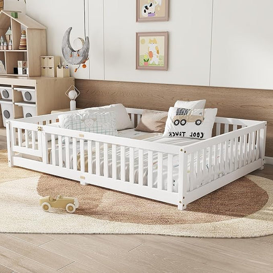 Queen Size Floor Bed Frame with Slats and Safety Guardrail, Wood Queen Size Montessori Floor Bed with Door and Fence, Easy Assemble Montessori Beds for Kids, Girls, Boys, White