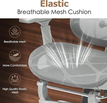Ergonomic Mesh Office & Gaming Chair with Footrest, High Back Home Office Desk Chair, Comfortable Lumbar Support, 130° Tilt, Adjustable 3D Armrest & 2D Headrest (Grey)