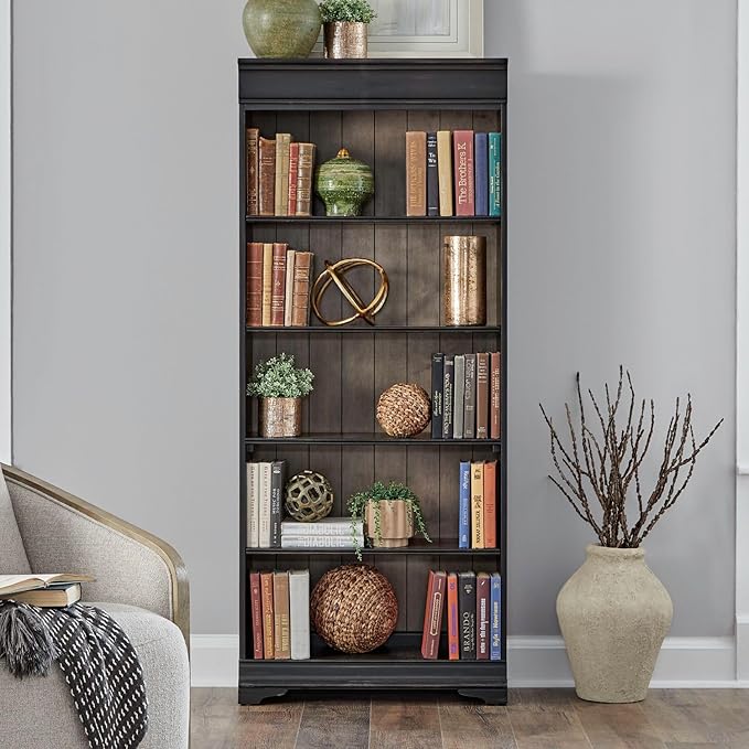Liberty Furniture Meritage Stepped Bookcase Wall - 4 Piece Set for Home Office - Aged Charcoal w/Rub Thru & Caramel