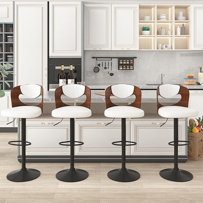 VECELO BarStools Set of 4,Kitchen Island Stools with Bentwood Back,Arm&Footrest,Counter Height Bar Chairs PU Leather Cushion Seat Adjustable Height 360°Swivel,Island Chairs for Club Pub,Creamy White