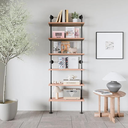 Pipe Industrial Shelves, Wall Mounted Wood Metal Ladder Rustic Bookshelf (Weathered Brown, 6 Tier - 10" D x 30" W x 82.5" H)