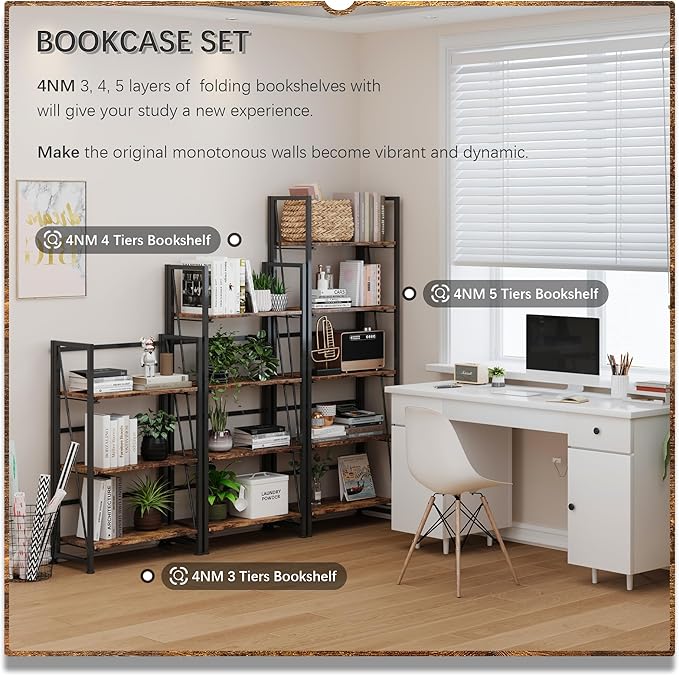 4NM No-Assembly Folding Bookshelf Storage Shelves 4 Tiers Vintage Bookcase Standing Racks Study Organizer Home Office (Rustic Brown Black)