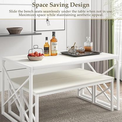 VECELO Kitchen Dining Table Set for 4, 55" Wood Rectangle Dinette with 2 Benches, Heavy-Duty Metal Frame for Small Space, Breakfast Nook, White
