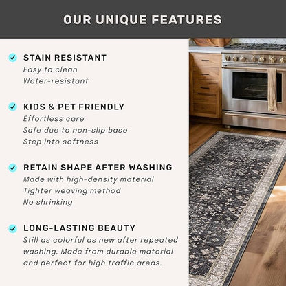 Black 2x7 Long Runner Rugs for Entryway, Throw Runners for Kitchen Hallway, Boho Vintage Floral Decor & Non-Slip Low-Pile Washable Stain Resistant Ashen Charcoal Rug