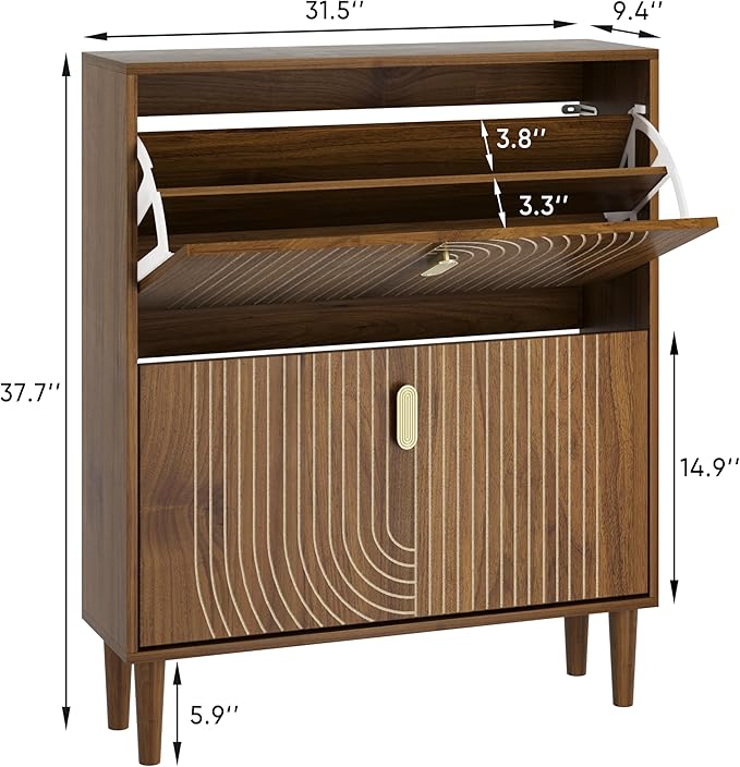 Smuxee Shoe Cabinet with 2 Flip Drawers, 31.5" Walnut Hidden Shoe Storage Cabinet with Line Groove Design, Freestanding Shoe Organizer Cabinet for Entryway, Hallway, Living Room