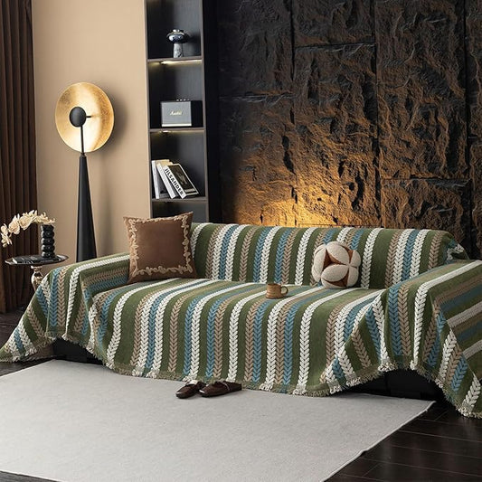 STACYPIK Thick Jacquard Green Couch Cover, Washable Sofa Cover for 3 Cushion Couch, Washable Chenille Couch Cover Blanket, Multi-use Sofa Protector Slipcover, Furniture Protector Pet-Friendly-71X134IN