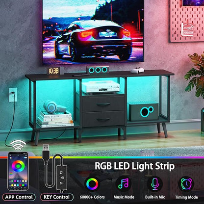 Small TV Stand with Fabric Drawers/LED Light for 55 inch TV, Entertainment Center with Storage Open Shelves，Media Console Table for Living Room, Bedroom, Black