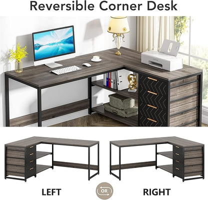 LITTLE TREE 59-Inch L Shaped Desk with Drawers, Large Computer Desk with Storage Shelves, Reversible L-Shaped Corner Desk Workstation for Home Office