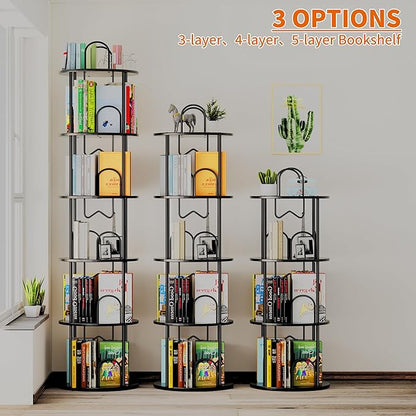 5 Tier Rotating Bookshelf, 360° Spinning Bookshelf Tower, Round Narrow Space Saving for Books and Display, Revolving Bookcase Corner Tall Book Shelf for Small Spaces, Bedroom, Living Room, Black