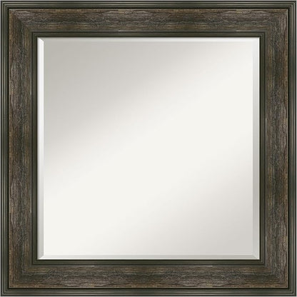 Amanti Art Brown Wall Mirror 26x26 Rail Rustic Char Square Bathroom Mirror for Wall Decor Living Room, Medium Country Rustic Frame, Hangs Horizonally and Vertically, Bathroom Decor, Beveled Edge