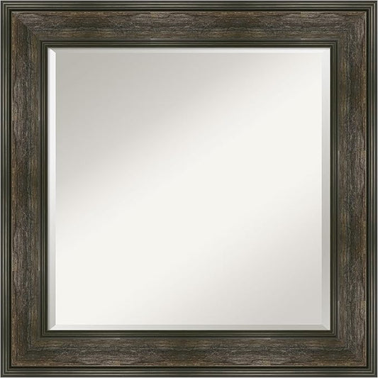 Amanti Art Brown Wall Mirror 26x26 Rail Rustic Char Square Bathroom Mirror for Wall Decor Living Room, Medium Country Rustic Frame, Hangs Horizonally and Vertically, Bathroom Decor, Beveled Edge