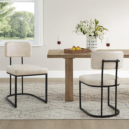 Dining Chairs Set of 6, Upholstered Modern Kitchen Chairs with Ergonomic Backrest, Faux Leather Cushion Seat & Metal Legs for Living Room, Restaurant, and Café, Beige, 2 Boxs