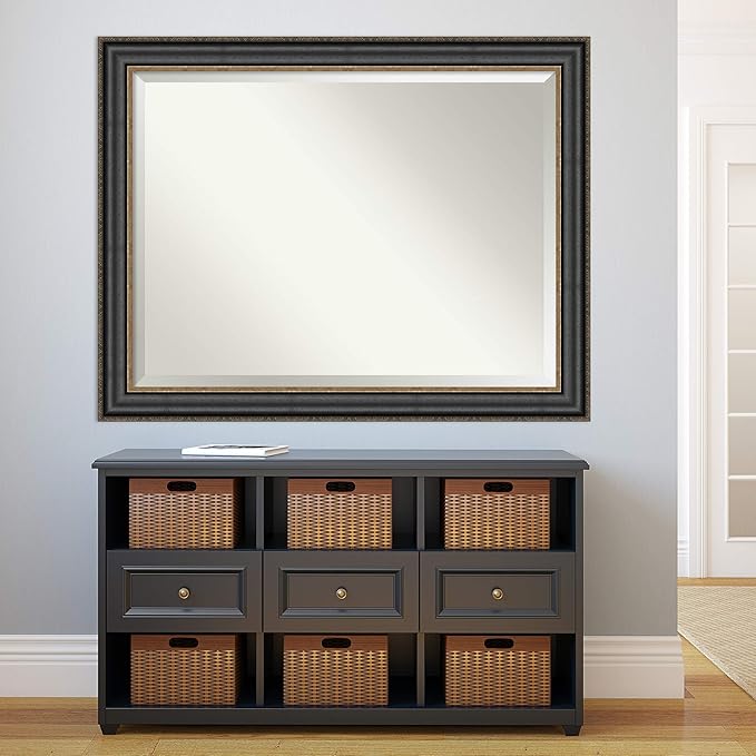 Amanti Art Black Bathroom Mirror for Over Sink, 36x46 Thomas Black Bronze Rectangle Vanity Mirror, X-Large Traditional Frame, Hangs Horizonally and Vertically, Bathroom Wall Decor, Beveled Edge