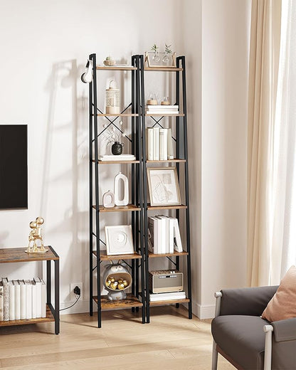 Ladder Shelf, Bookshelf Bookcase, Freestanding Corner Storage Shelve with 2 Hooks for Home Office, Living Room, Kitchen, Bedroom, Industrial, 6-Tier Rustic Brown BC13301B
