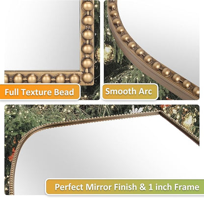 36"X28" Arched Wall Mirror for Fireplace Mantel, Vintage Gold Metal Beaded Accent Mirror, Distortion-Free Glass for Living Room, Entryway, Bathroom, Bedroom Decor