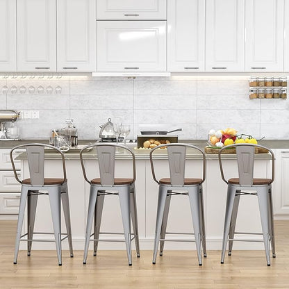 Yongqiang 24 inch Bar Stools Set of 4 High Back Kitchen Counter Height Bar Chairs Silver Metal Barstools with Large Wooden Seat