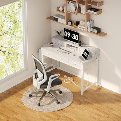 Lufeiya White Computer Desk with Fabric Drawers for Home Office, 40 inch Vanity Makeup Desk with Drawers Storage for Bedroom, Writing Study Table with Power Outlet & Monitor Stand, White