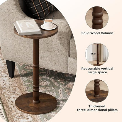Round Side Tables Set of 2, Solid Wood Pillar with Wood Top & Base, Small Drink Accent Table for Living Room, Bedroom, Sofa & Office, Easy Assembly, Rustic Brown
