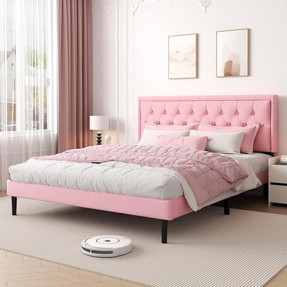 King Size Platform Bed Frame with Upholstered Velvet Button Tufted Headboard, Mattress Foundation with Wooden Slat Support, No Box Spring Needed, Easy Assembly, Noise Free, Pink