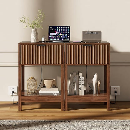 Night Stand Set 2, Fluted Nightstand with Charging Station, Wood Bedside Table with Drawer & Storage Shelf, Modern End Tables for Bedroom Sofa Couch Office, Walnut