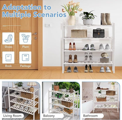 Haddockway 4 Tier Bamboo Shoe Rack Storage Organizer, Multifunctional Free Standing Stackable Shoe Shelf with Grid Panel for Closet,Hallway,Entryway,Small Space 27"x11"x26" (White, 4 Tier)