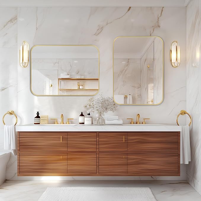 MZON 24x32 Inch Gold Bathroom Mirror – Brushed Gold Rectangular Vanity Mirror, Wall-Mounted, Anti-Rust Metal Frame, Tempered Glass, Vertical & Horizontal Hanging
