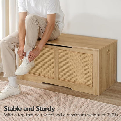 HOOBRO Storage Bench, 39.3" Toy Box, Rattan-Like Storage Chest, Sturdy Entryway Bench Supports 220 lb, Toy Chest, Safety Hinge, U-Shaped Opening, Easy Assembly, Natural NL11CW01
