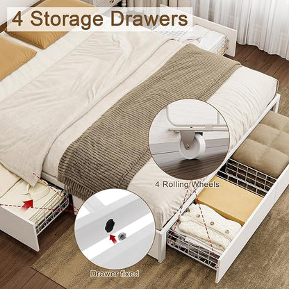 King Bed Frame with 4 Storage Drawers Bed Frame King Size with Headboard LED Lights Charging Station Metal Slats Platform Heavy-Duty Support No Box Spring Needed White