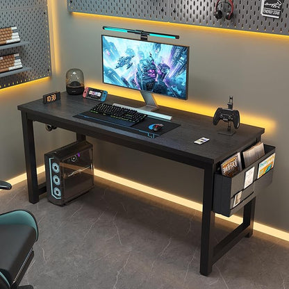 Large Computer Desk - 63 Inch Home Office Desks Study Student Writing Table Gaming Desk Wood Modern Simple Table with Storage Bag & Headphone Hooks, Black
