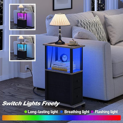 TUTOTAK Small Narrow End Tables, LED Side Tables with 2 Fabric Drawers, Set of 2, Bedside Tables with Charging Station for Small Spaces, Slim Nightstands with USB Ports and Wheels, TB01BG053L