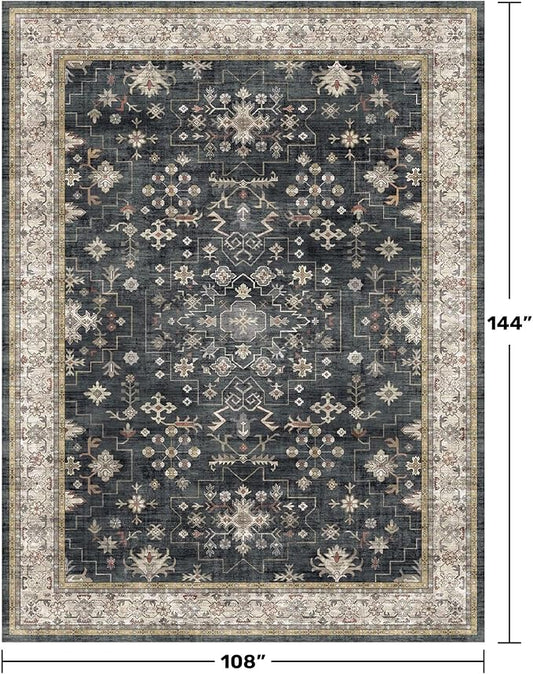 Black Boho Rug for Living Room 9x12 - Washable Dining Room Rugs for Under Table, Vintage Soft Low Pile Carpet for Bedroom, Non-Slip Farmhouse Bohemian Large Tumble Rug for High Traffic Area