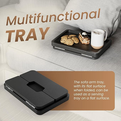 HOLANA Acacia Wood Sofa Armrest Tray - 13.75 x 9.5in Double Hinge Sofa Arm Tray Table Clip - Couch Arm Table - Wooden Side Tables for Eating and Drink (Black Color)