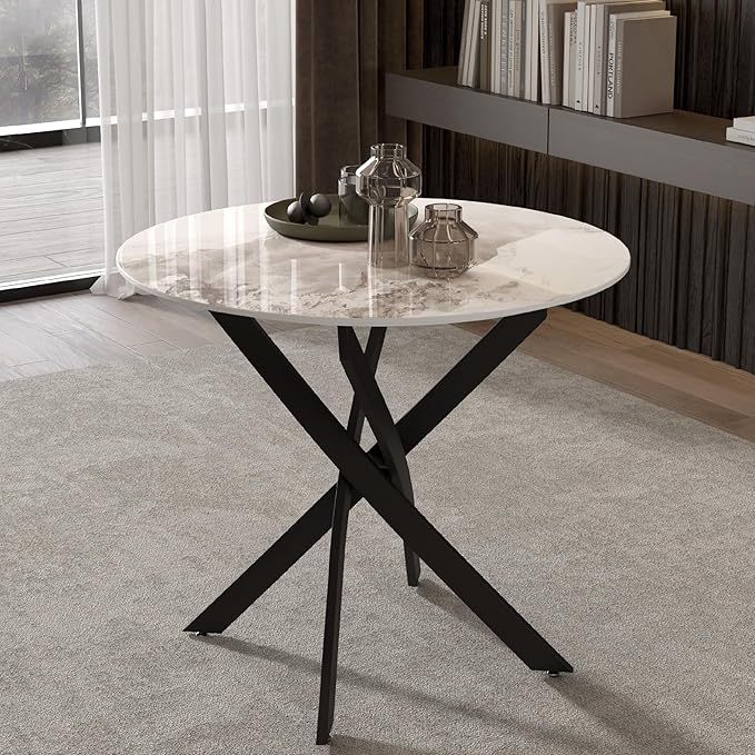 Marble Round Dining Table for 2-4 with Metal Legs, 31.5 Inch Sintered Stone Modern Small Kitchen Table for Dining Room Kitchen Apt (White)