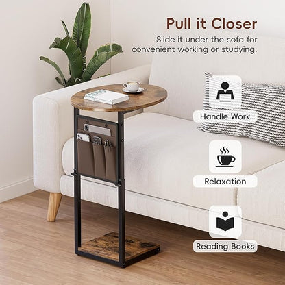 Vagusicc C Shaped End Table, Adjustable Height Small Side Table for Couch and Recliner, 32" Tall Couch Side Table Slide Under Sofa Tray Desk with Storage Bag for Living Room and Bedroom, Brown