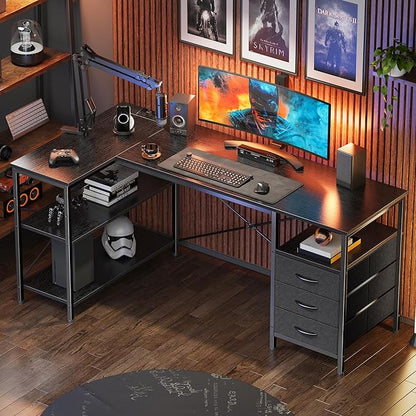 Huuger L Shaped Office Desk with Power Outlets, 55 Inch Computer Desk with 3 Drawers, Shelves, Reverisble for Gaming Corner Work Home Office Study, Black