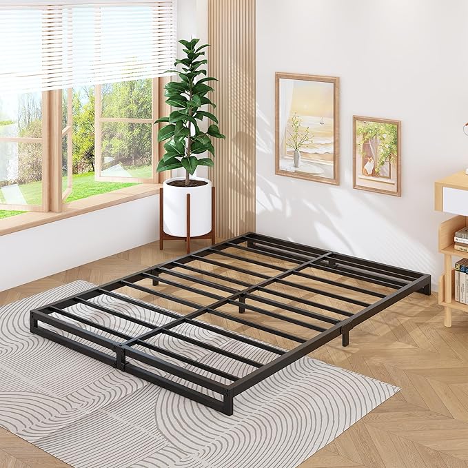 4 Inch Bed Frame Queen Size Heavy Duty Steel Slat Support Metal Platform Queen Bed Frame No Box Spring Needed, Easy Assembly, Black