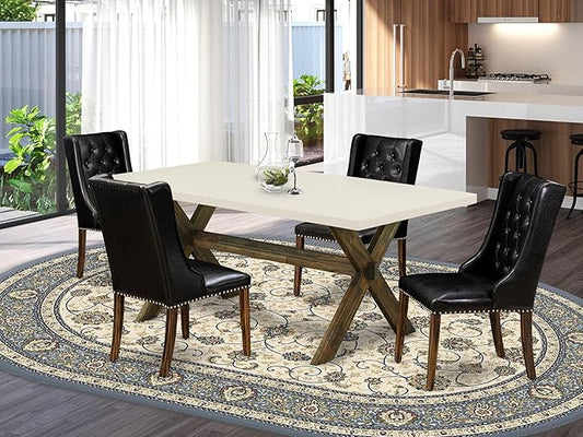 East West Furniture X727FO749-5 5 Piece Modern Dining Table Set Includes a Rectangle Wooden Table with X-Legs and 4 Black Faux Leather Parson Dining Chairs, 40x72 Inch, Multi-Color