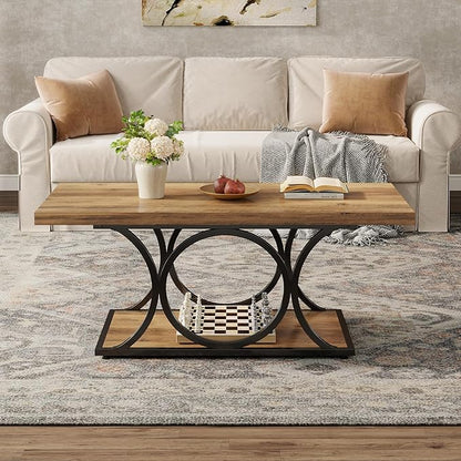 Tribesigns Rectangle Coffee Table, 47.24-inch Rustic Coffee Tables for Living Room, 2-Tier Farmhouse Wooden Coffee Table with Geometric Metal Legs, Home Furniture with Storage Shelf (Brown & Black)