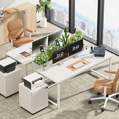 Huuger 55 x 24 inch Desk with Power Outlets & USB-C, Deeper & Thicker Desktop, Robust Metal Tubes, Computer Desk, Heavy Duty Office Desk, Work Gaming Desk for Home Office, White