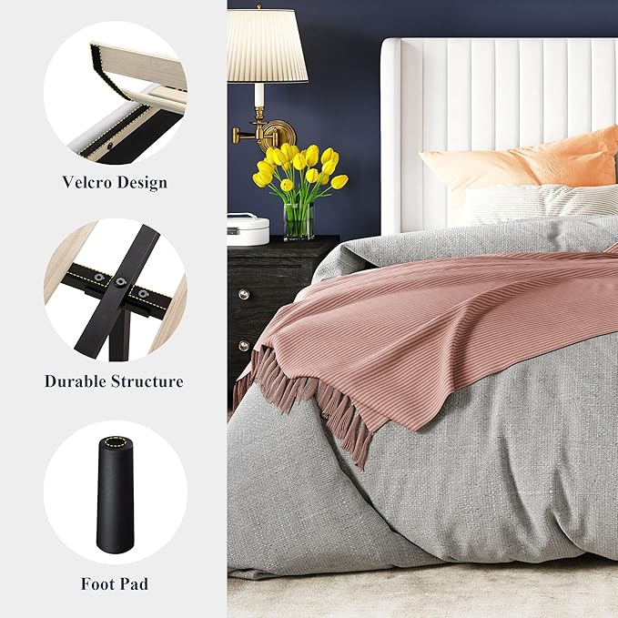 Allewie King Size Velvet Bed Frame/Vertical Channel Tufted Wingback Headboard/Upholstered Platform Bed/No Box Spring Needed/Strong Wooden Slats/Easy Assembly/White