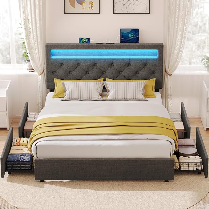 Rolanstar Full Size Bed Frame with 4 Storage Drawers and Charging Station, Full Bed with Led Lights, 2 USB & 1 Type C, Adjustable Headboard 38.9/40.9 Inches, No Box Spring Needed, Grey