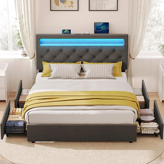 Rolanstar Full Size Bed Frame with 4 Storage Drawers and Charging Station, Full Bed with Led Lights, 2 USB & 1 Type C, Adjustable Headboard 38.9/40.9 Inches, No Box Spring Needed, Grey