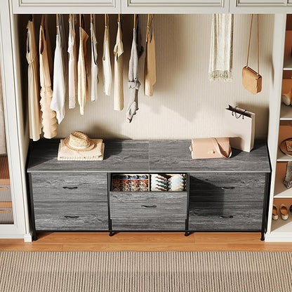 Huuger 63 Inch Long Dresser for Bedroom, Wide TV Stand for 55, 65, 70 Inch TV, 6 Drawer Dresser for Closet with Fabric Drawers, Storage Organizer for Bedroom, Entryway, Grey